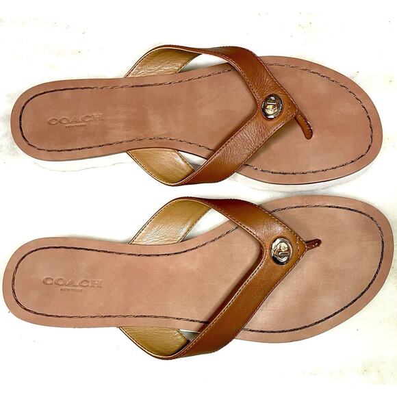 Coach Women's Tan Brown Shelly Signature Turn lock Thong Flip Flops Sandals 7.5 - Picture 2 of 13